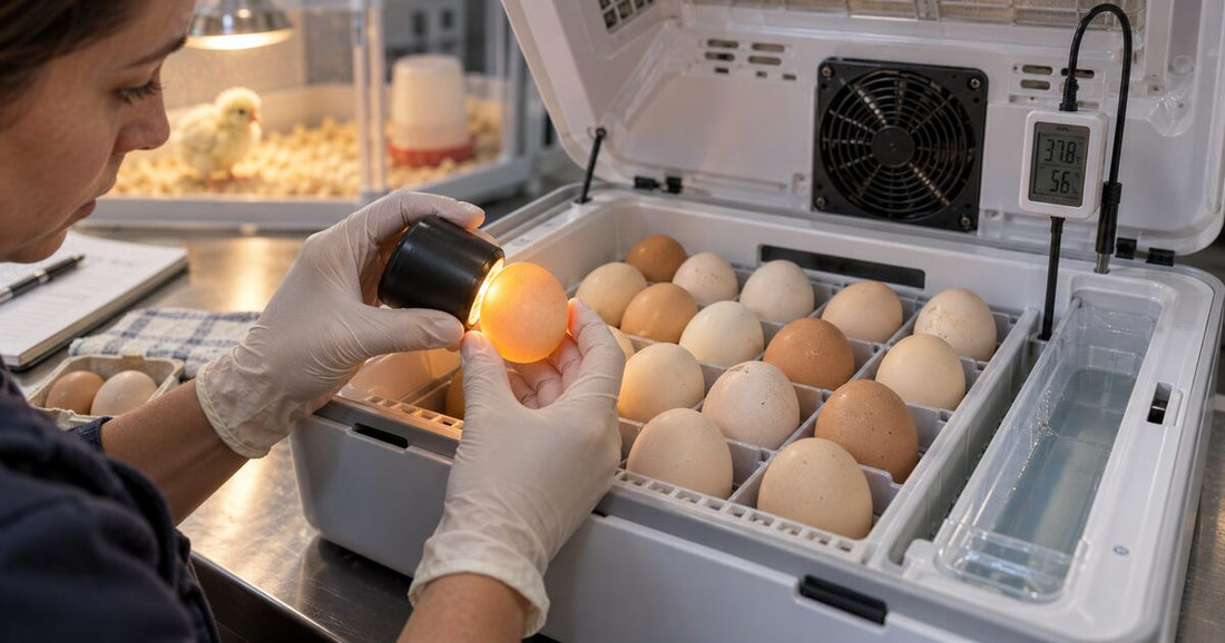 Inspecting unhatched eggs and checking incubator temperature humidity and airflow
