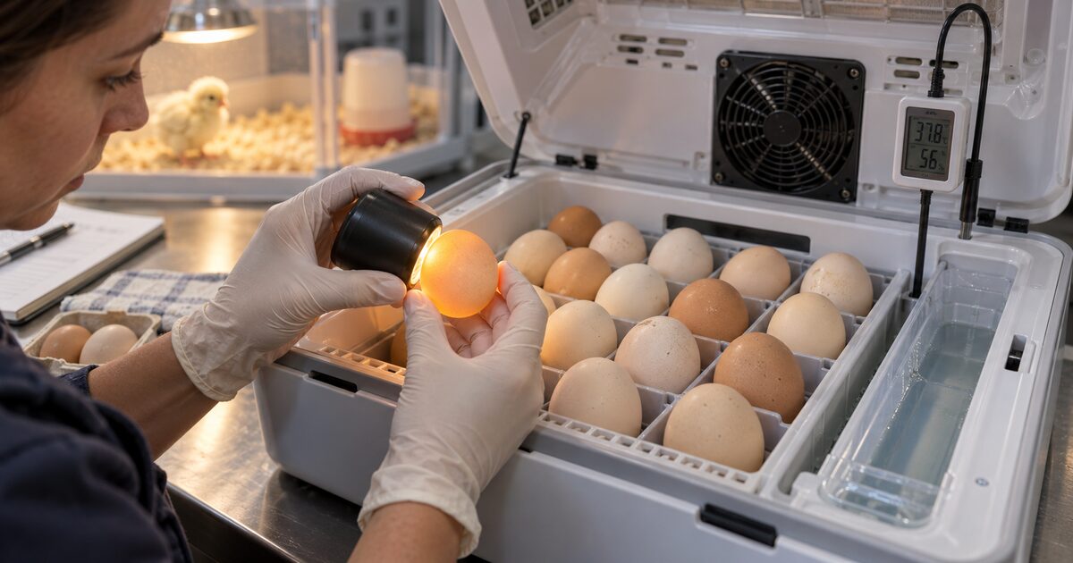 Inspecting unhatched eggs and checking incubator temperature humidity and airflow