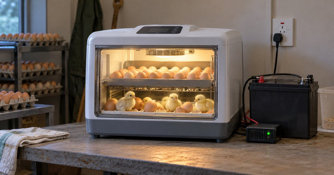 Battery-operated energy-efficient egg incubator with backup power