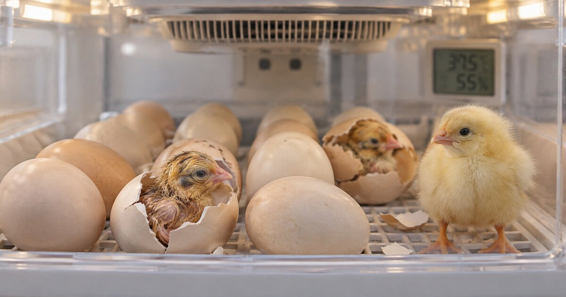 Healthy chicks hatching inside a temperature-controlled egg incubator