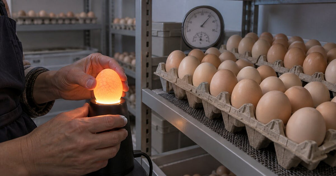 Selecting hatching eggs by candling and storing them correctly in egg trays