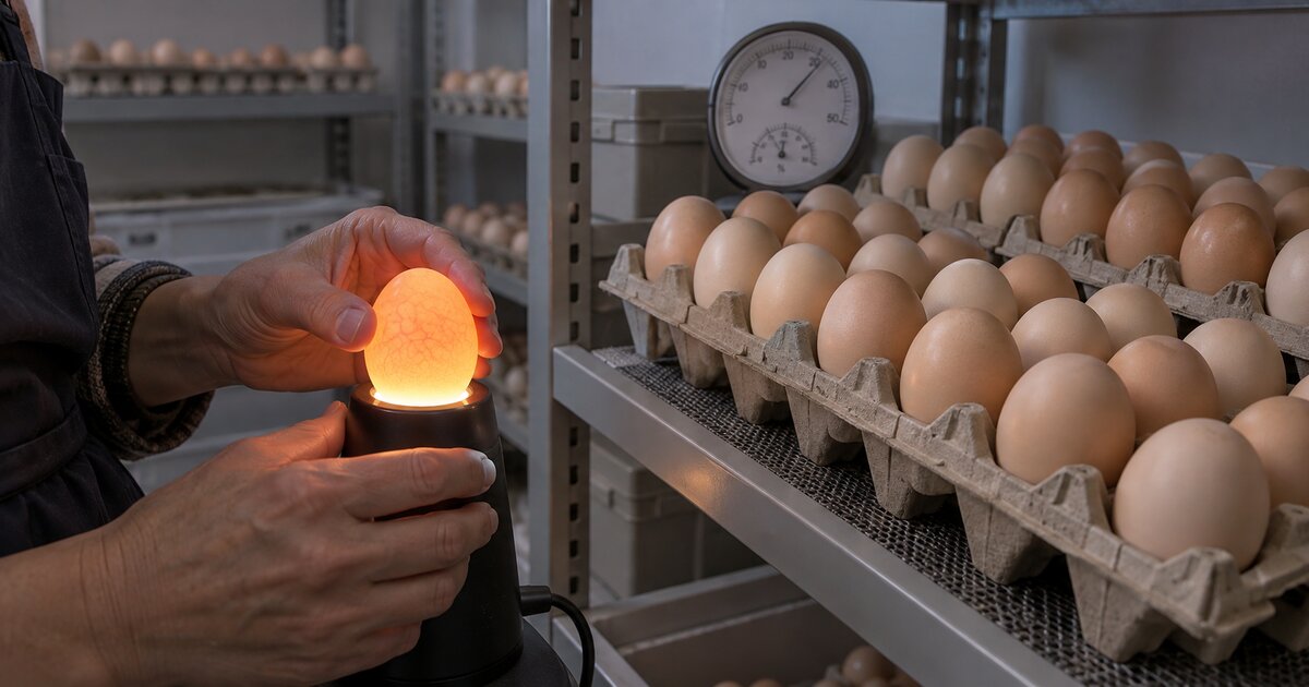 Selecting hatching eggs by candling and storing them correctly in egg trays