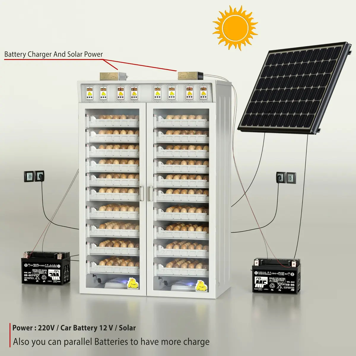 Chicken Egg Incubator – Mega Model (Up to 1000 Eggs) with solar panel