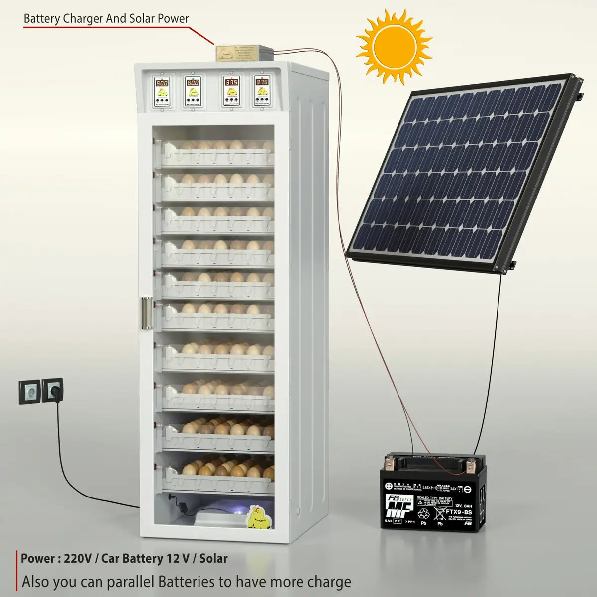 Chicken Egg Incubator - Gala Model (Up to 500  Eggs) with solar panel