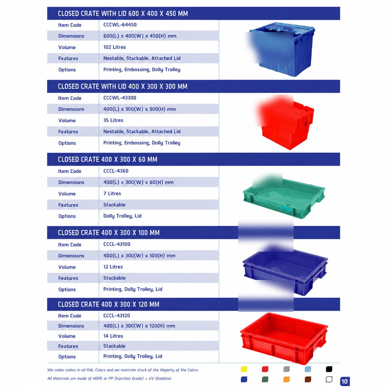Tous types de caisses en plastique et bacs de stockage